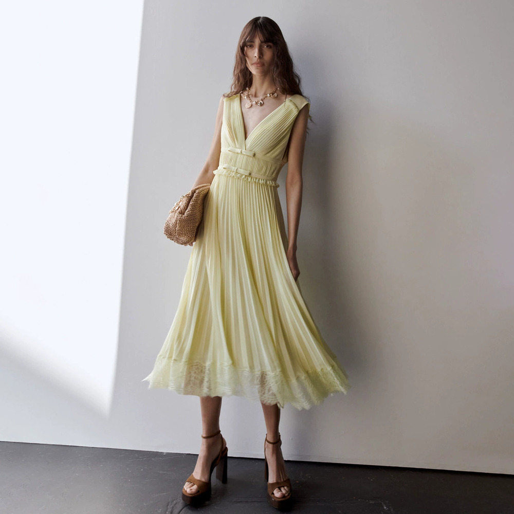 ZARA Sexy Deep Backless Pleated Ruffle Lace Midi Evening Dress